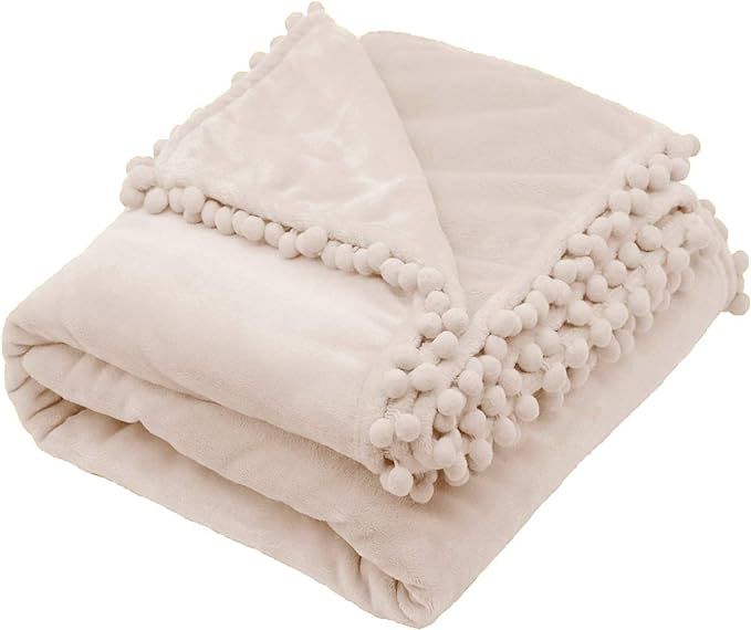Mokoya Flannel Throw Blanket with Pompom Fringe,Fleece Throw Blankets for Sofa,Bed,Couch,Cozy Dec... | Amazon (US)