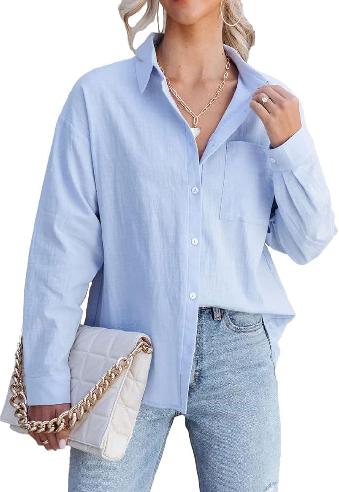 ASKEWRCK Womens V Neck Long Sleeve Button Down Shirt Oversized Classic Casual Boyfriend Blouses T... | Amazon (US)