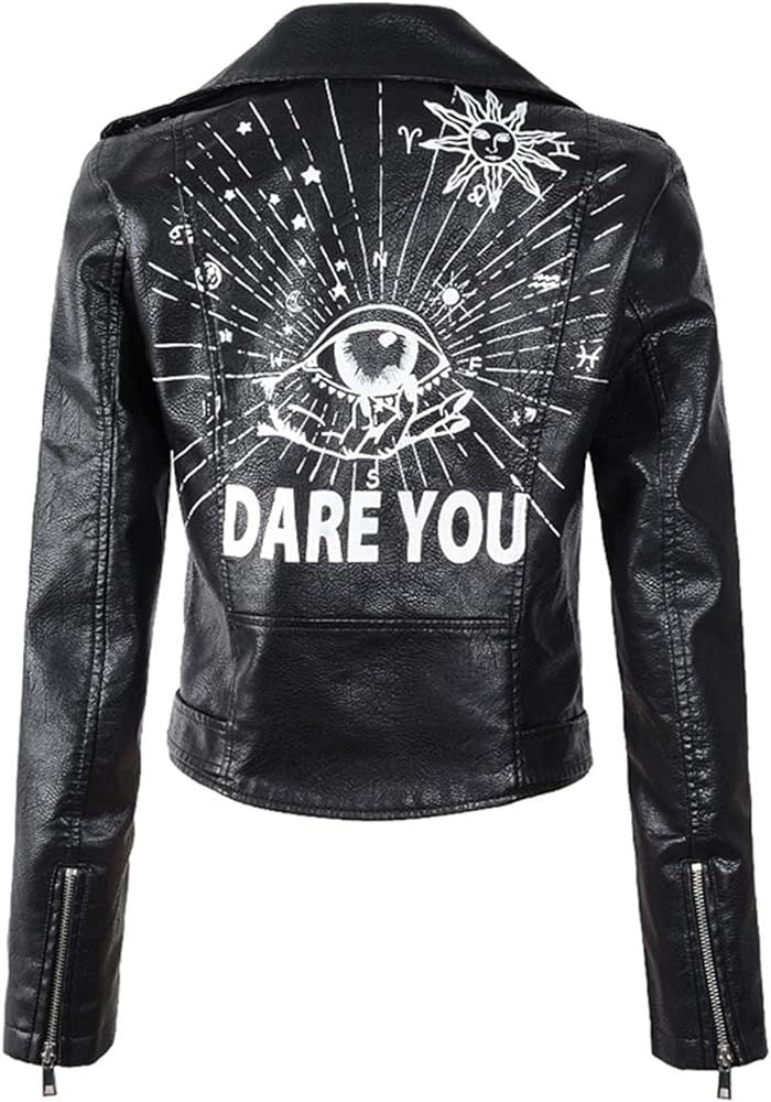 Women's Print Faux Leather Punk Jacket Biker Motorcycle Jacket with Belt | Amazon (US)