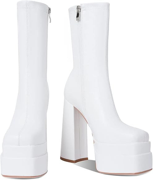 Mattiventon Platform Knee High Boots for Women Chunky Heel Square Toe Boots Side Zip Stretch Gogo... | Amazon (US)