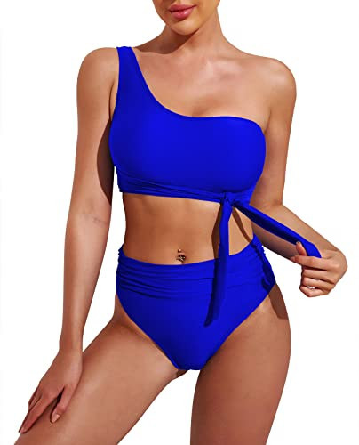 Pink Queen Women's 2 Piece Bandeau Bikini Set Tie Push Up Ruched High Waist Swimsuit Bathing Suit Blue L | Amazon (US)