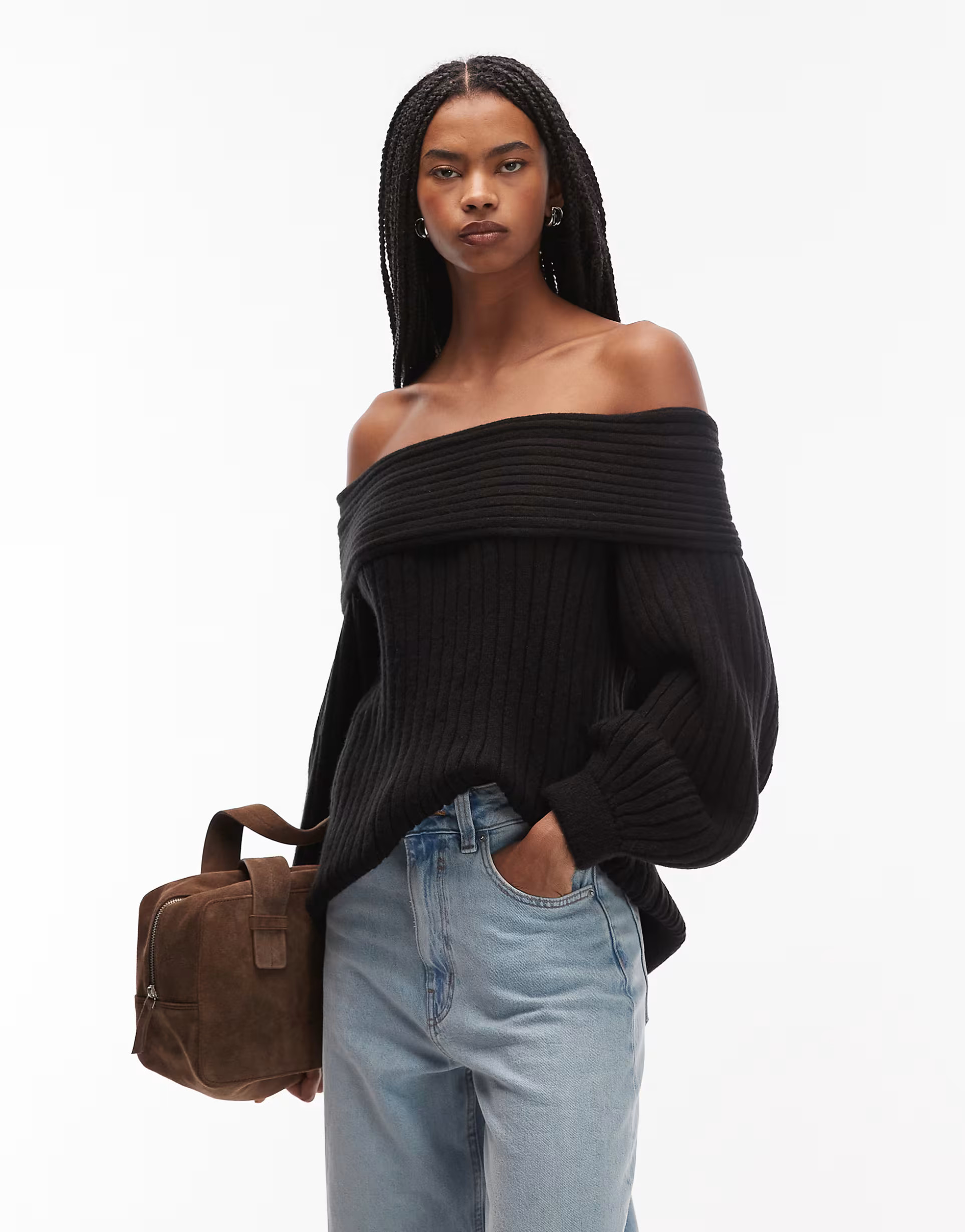 ASOS DESIGN oversized rib knit off shoulder jumper with balloon sleeve in black | ASOS | ASOS (Global)