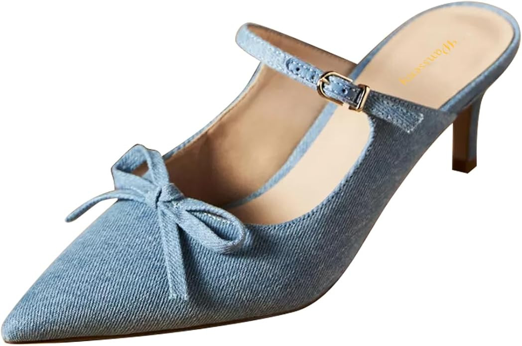 Women Bowknot Pointed Toe Slip On Mules Kitten Low Heel Ladies Stylish Summer Dress Shoes Size 4-... | Amazon (US)