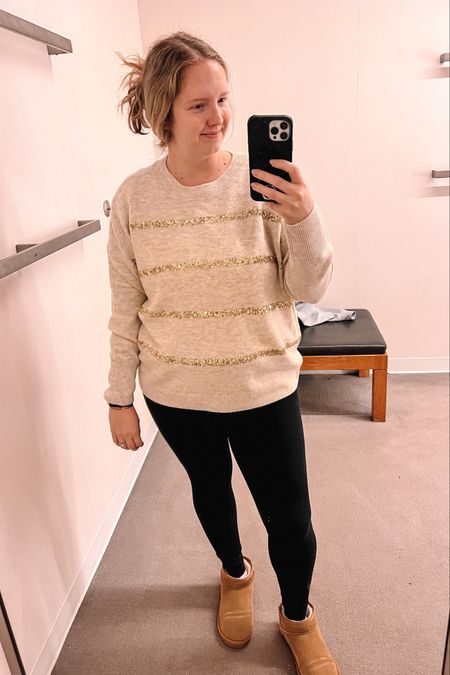 gold sequin malted oatmeal neutral sweater perfect for the holiday season. easy holiday outfit and adorable thanksgiving outfit, really and all around cute but easy fall outfit or winter outfit idea. easy to pair with a skirt, leggings, jeans or over a holiday dress. 

#LTKmidsize #LTKSeasonal #LTKHoliday
