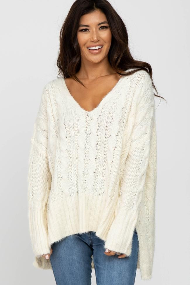 Ivory V-Neck Side Slit Cable Knit Sweater | PinkBlush Maternity