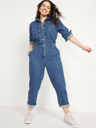 Long-Sleeve Medium-Wash Utility Jean Jumpsuit for Women | Old Navy (US)