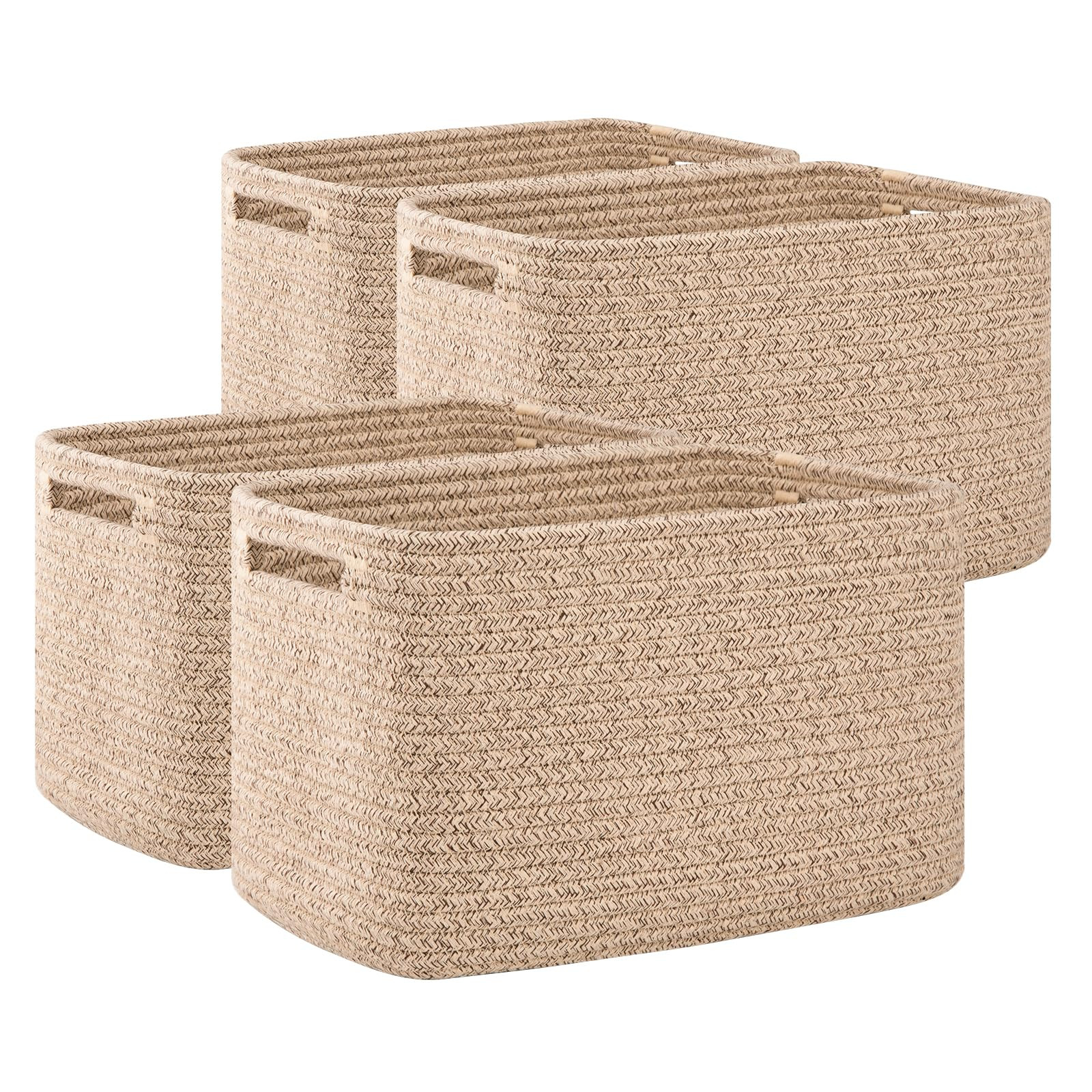 OIAHOMY 4 Pack Storage Baskets for Organizing, Cube Storage Bins for Shelves, Rectangle Storage Baskets With Handles, Woven Baskets for Storage, 12.7''Lx9''Wx7.8''H, Brown | Amazon (US)