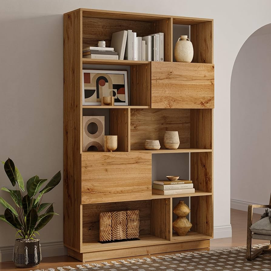 LuxenHome 68" Wooden Bookshelf with Storage, 5 Tiers Bookcase with Doors | Amazon (US)