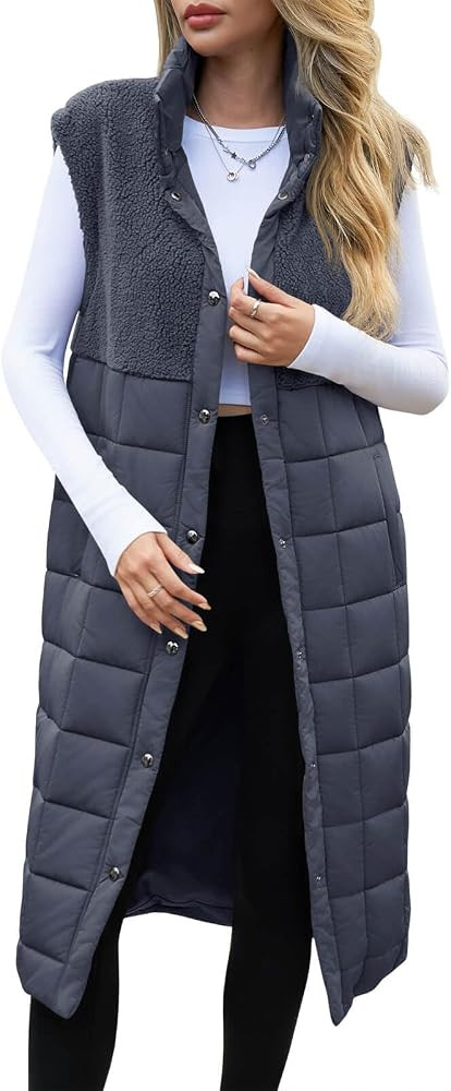 Women's Long Puffer Vest Fleece Jacket Winter Button Down Sleeveless Coats | Amazon (US)