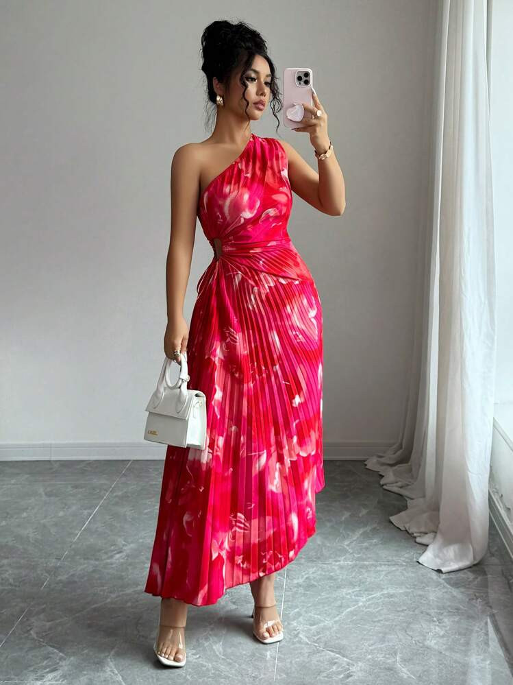 SHEIN Elenzya Women's 2025 Summer Elegant Asymmetric Shoulder Pleated Waist Cutout Floral Print Dress | SHEIN