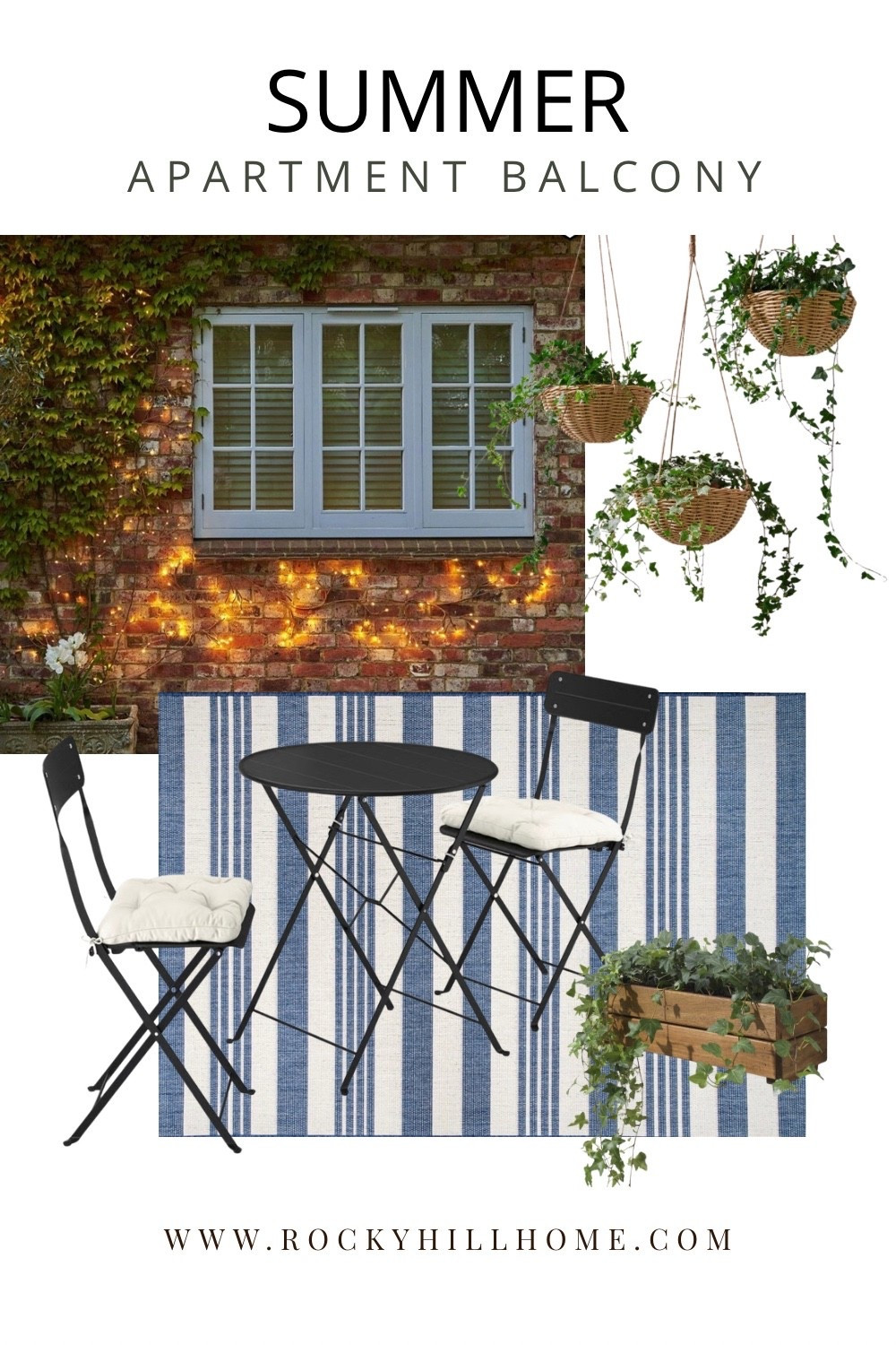Effortless summer balcony, styled the easy way.
This cozy setup uses affordable IKEA staples layered with a classic blue + white striped outdoor rug for that timeless coastal feel. I added woven hanging planters for texture and finished it with warm, glowing solar vine lights from Pottery Barn to create the perfect evening ambiance.
Small space, big charm!

#LTKHome #LTKSeasonal