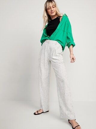 High-Waisted Striped Pleated Taylor Linen-Blend Wide-Leg Trouser Suit Pants for Women | Old Navy (US)