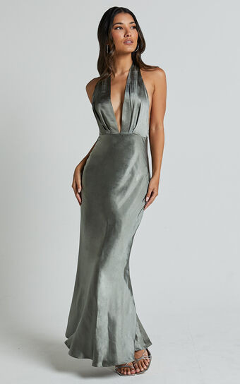 Aiyana Midi Dress - Halter Neck Satin Dress in Olive | Showpo (US, UK & Europe)