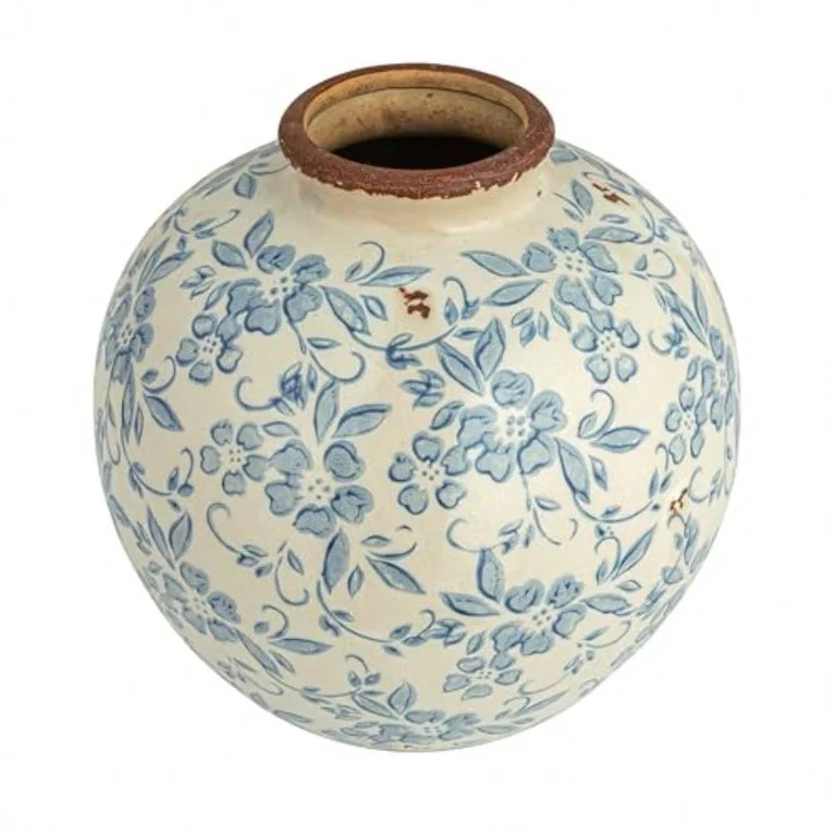 DF2720 8" H Terracotta Floral Transferware Pattern and Crackle Finish Vase Blue | Walmart (US)