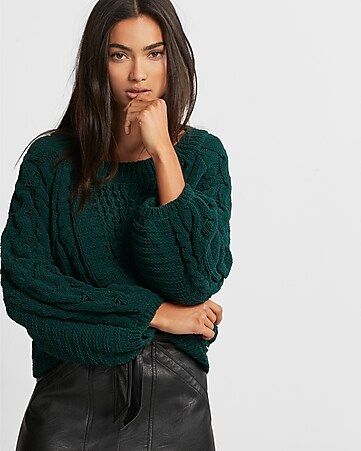Cable Knit Chenille Boat Neck Balloon Sleeve Sweater | Express