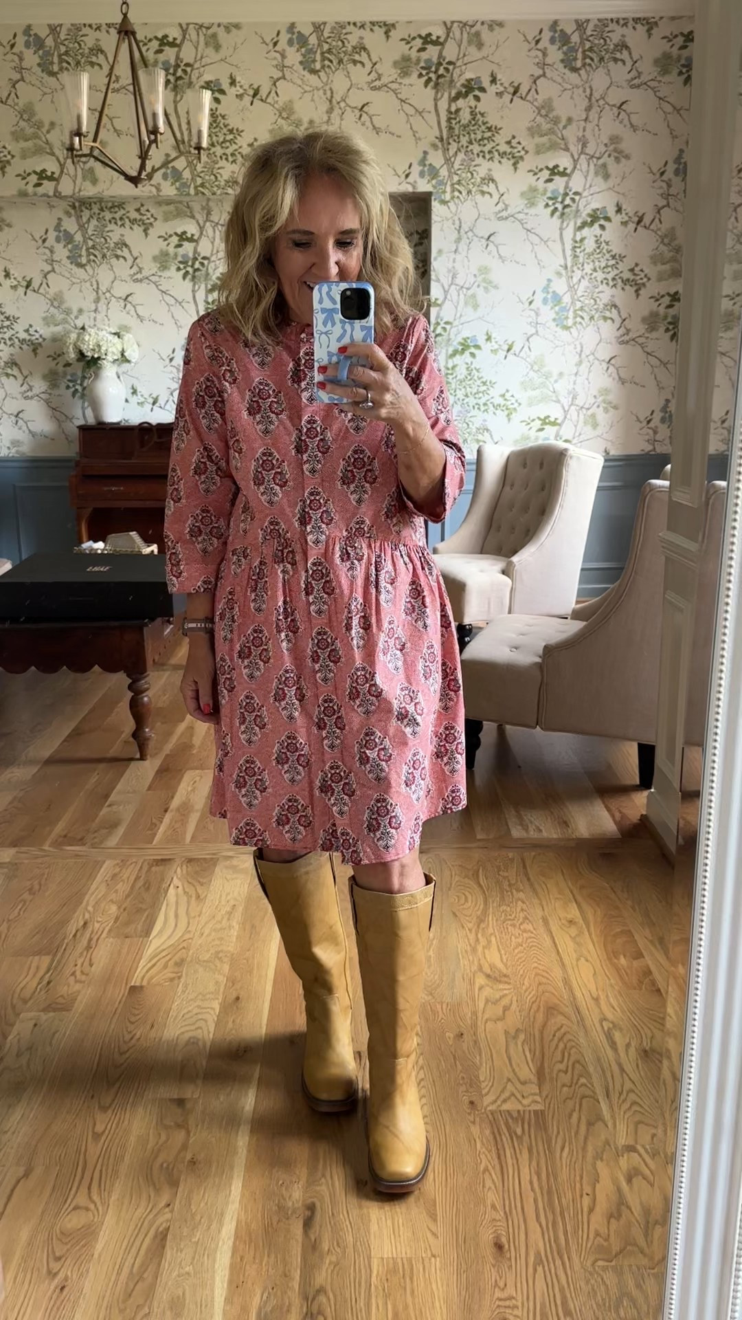 It’s about the Frye boots on the Nordstrom anniversary sale! These are fantastic. The leather is amazing. This color is getting limited, but the burgundy and black is close to fully stocked. It comes in a wide calf. But I am wearing the regular width. I found them true to size, when normally I would size up a half in a boot. I took my regular size here.

My dress is size medium from Tuckernuck. It would be a really cute dress to wear with boots in the fall.
#ltkxnsale country concert Frye boots Kate boots

#LTKShoeCrush #LTKSaleAlert