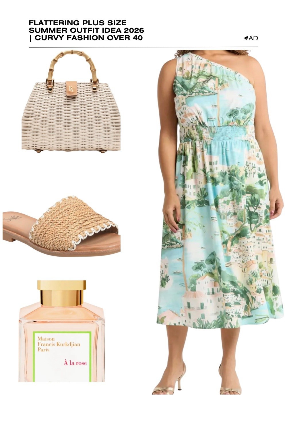 Transport yourself to the Mediterranean with this stunning scenic print plus size summer outfit idea for 2026! This flattering one-shoulder midi dress is a premier choice for curvy fashion over 40, featuring a beautiful coastal landscape pattern, a comfortable smocked waist, and a breezy A-line skirt. It’s the ultimate Italian Riviera vacation dress for a seaside lunch or resort evening.
We’ve styled this picturesque blue and green dress with a white wicker bamboo handle satchel and neutral woven raffia slide sandals with a delicate scalloped edge for a textured, artisanal finish. To complete the "Quiet Luxury" vibe, we’ve paired it with the elegant floral notes of Maison Francis Kurkdjian À la rose. Discover how to style scenic prints for curvy figures this season. #PlusSizeFashion #OneShoulderDress #SummerOutfits2026 #EuropeanSummer #CurvyStyle #MFKFragrance #ItalianRivieraStyle
