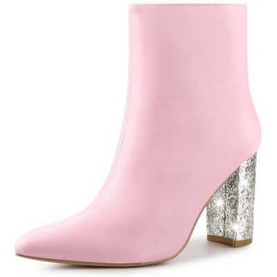 Perphy Women's Fashion Pointy Toe Zipper Sparkly Glitter Chunky Heels Ankle Booties 8 Pink | Target