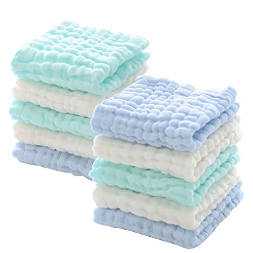 MUKIN Baby Washcloths - Natural Cotton Baby Wipes - Soft Newborn Baby Face Towel for Sensitive Skin- Baby Registry as Shower, 10 Pack 12x12 inches (Green,Blue,White) | Amazon (US)