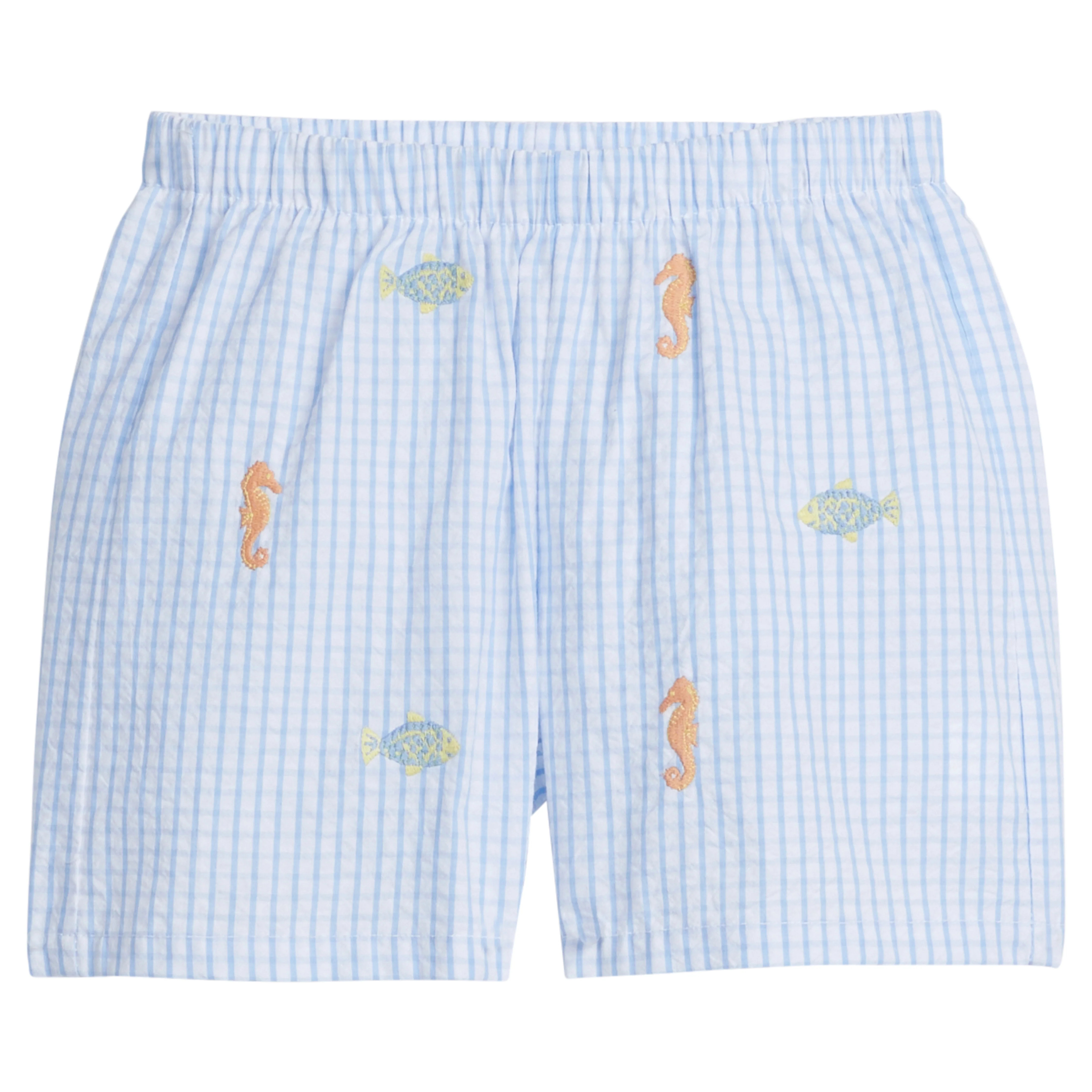 Boys Embroidered Basic Shorts in Seaside Seersucker | Little English