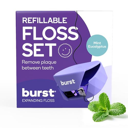 BURST Refillable Dental Floss Dispenser Set - Mint Eucalyptus Aroma - Expanding Floss - Stain-Absorbing, Woven Tooth Floss - Lavender Case + 32 Yards Charcoal Floss | Amazon (US)