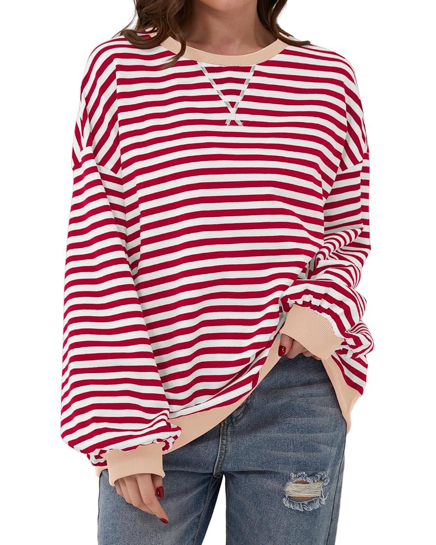 Women Oversized Striped Color Block Long Sleeve Crew Neck Sweatshirt Casual Loose Pullover Y2K Sh... | Amazon (US)