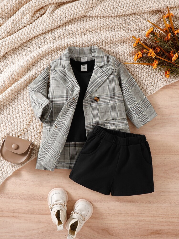 Baby Plaid Print Blazer & Tank Top & Shorts | SHEIN