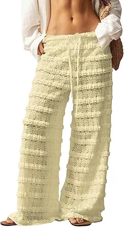 Women's Crochet Lace Pants Ruffle Layered Elastic Waist Mesh Bathing Suit Cover Up Beach Pants | Amazon (US)
