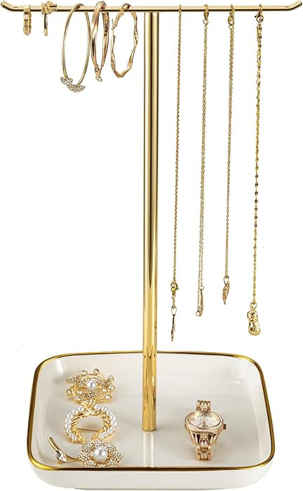 Jewelry Holder Stand with Ceramic Base: 12" Tall Necklace Organizer Rack, Tree Design Display Sto... | Amazon (US)