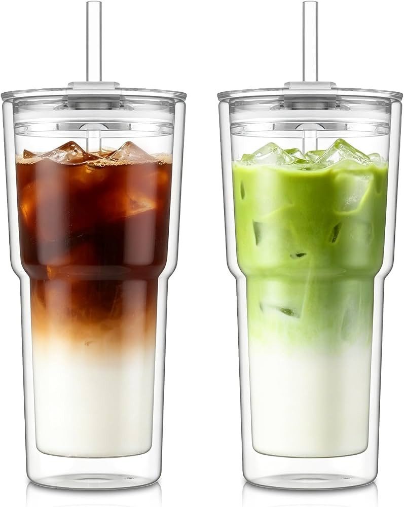 KEMORELA 20oz Double Wall Glass Cups with Lids and Straws,Insulated Tumbler | Amazon (US)