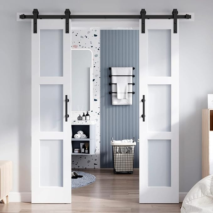 ROYMELO Double 18×84 in Glass Barn Door Slab and 6.6ft Hardware Kit Included, 3 Frosted Glass, L... | Amazon (US)