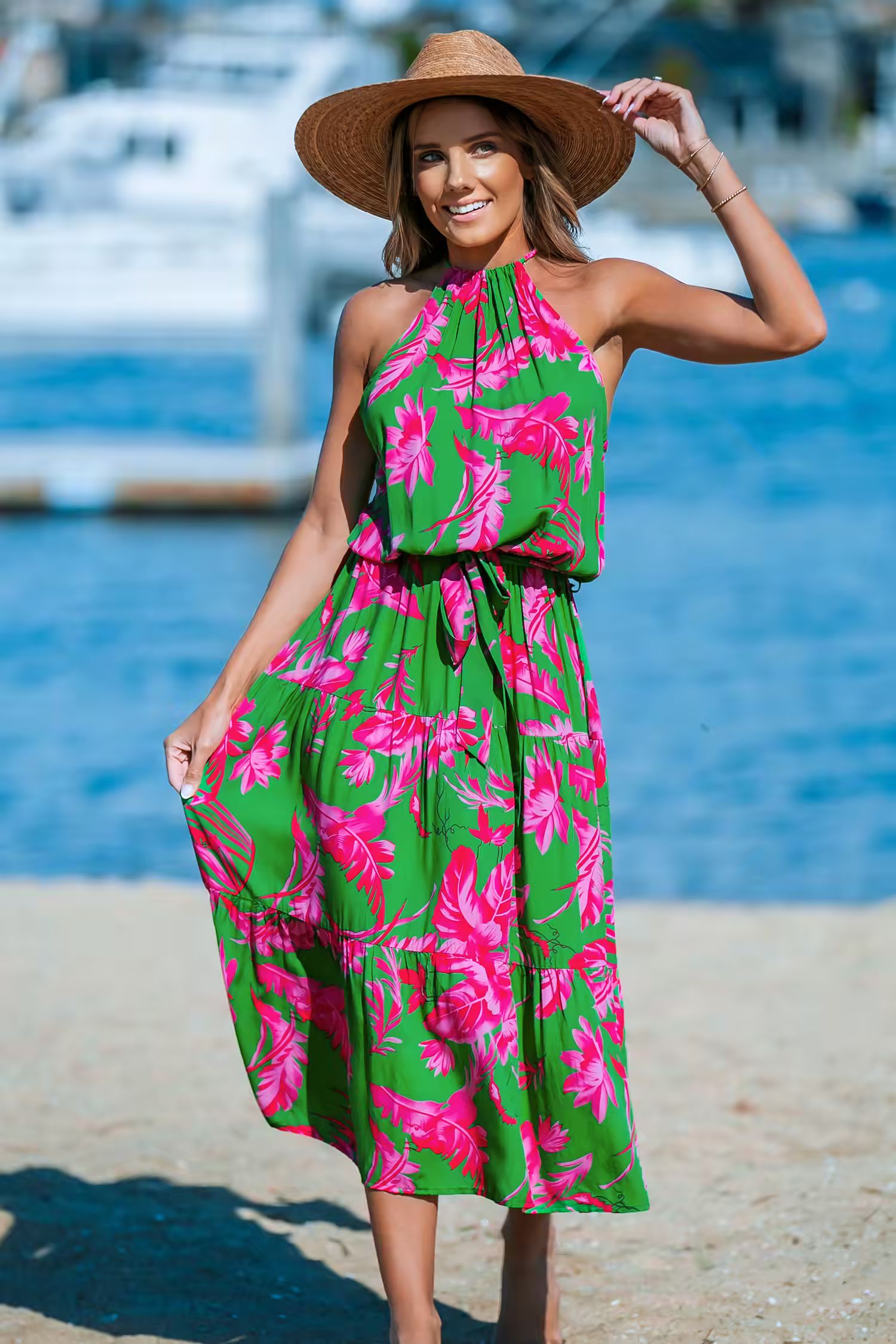 Pink-and-Green Floral Maxi Halter Dress | Cupshe US