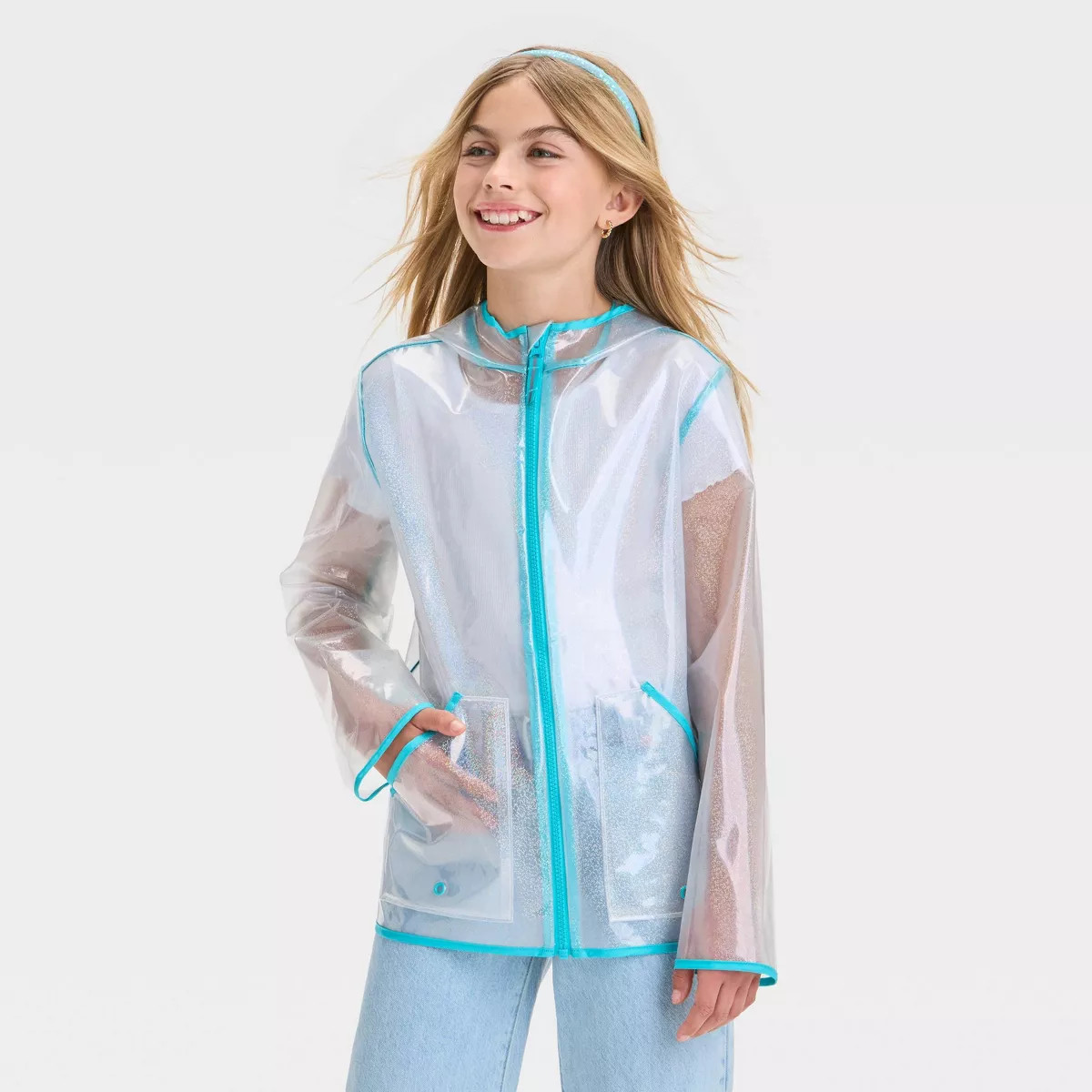 Girls' Solid Iridescent Rain Coat - Cat & Jack™ Turquoise Blue | Target