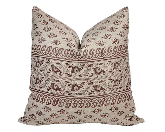 DAHLIA  Designer Brown Floral Linen Pillow Cover Block Print - Etsy | Etsy (US)