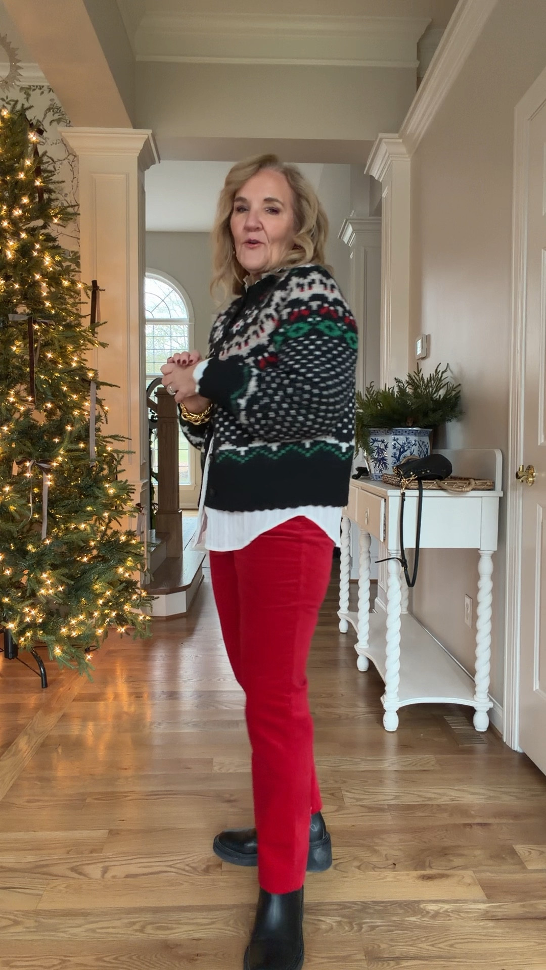 My cardigan is very limited, but I’m linking some other others that would look great with these red velvet pants
Wearing a size 8 petite in the pants
A size large in the blouse…linking some great ruffle collar options too 
Linking a few waterproof Chelsea boots  

#LTKSaleAlert #LTKSeasonal #LTKOver40