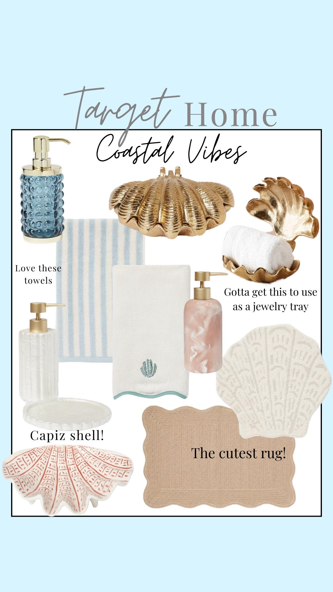 The cutest new coastal arrivals at Target! Love a good bathroom refresh and these coastal home decor bathroom items are perfect. Brass shell, seashell decor, bathroom towels, bathroom rug

#LTKHome