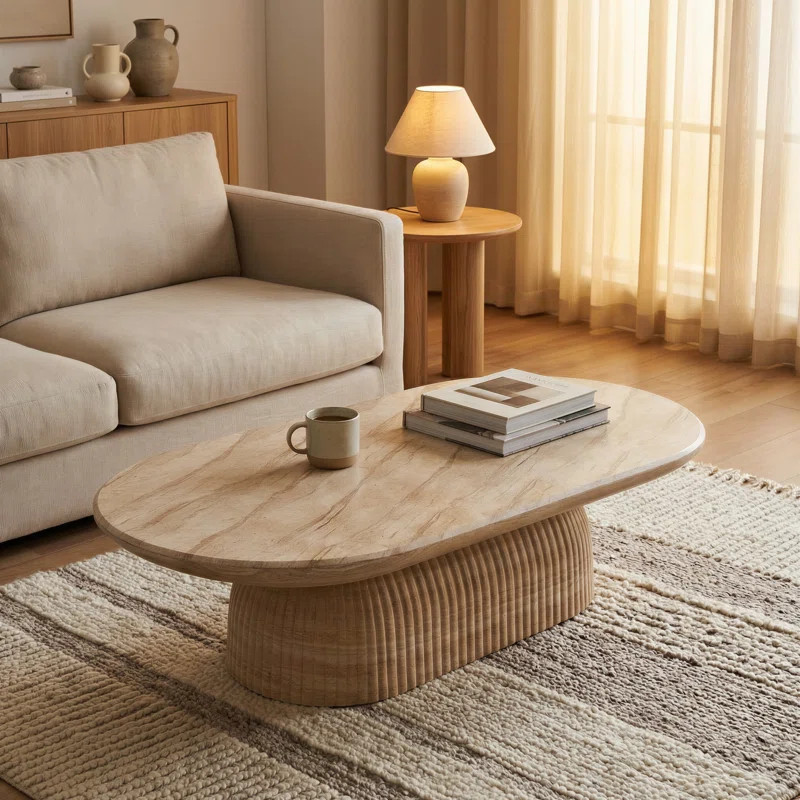 Tithi Pill Shaped Coffee Table Stone Effect Roman-Inspired Fluted Design Weatherproof Indoor Outd... | Wayfair North America