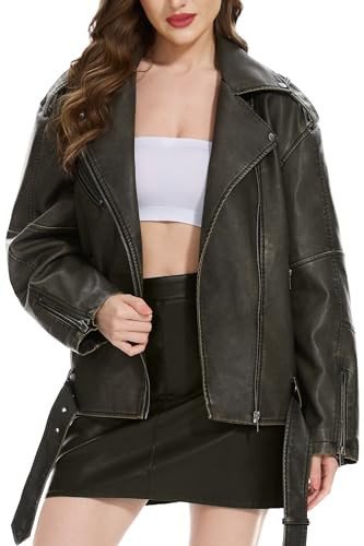 Fahsyee Leather Jacket Women, Faux Motorcycle Oversized Moto Biker Short Coat Casual Vegan Pleather Jackets Fashion, Black L | Amazon (US)
