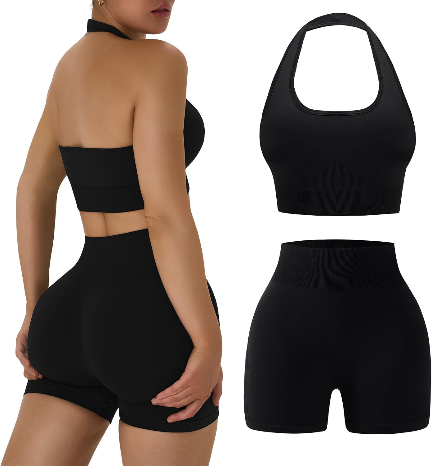 Womens Workout Sets 2 Piece Halter Sports Bra Scrunch Butt Shorts | Amazon (US)