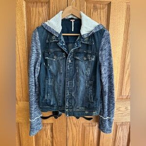 Free People mixed media denim jeans jacket hoodie | Poshmark