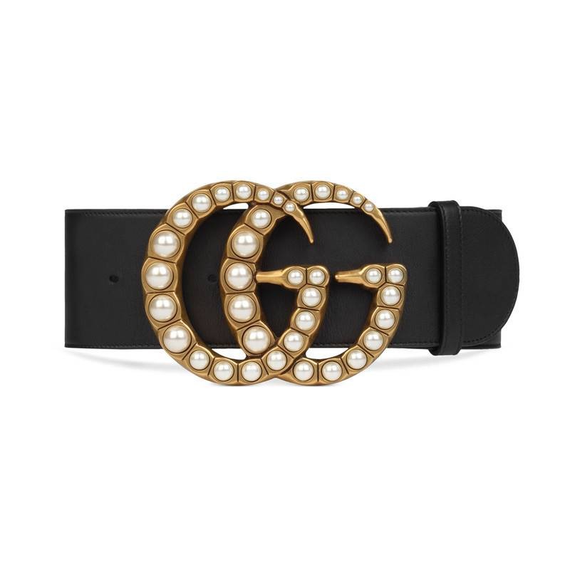 Wide leather belt with pearl Double G | Gucci (US)
