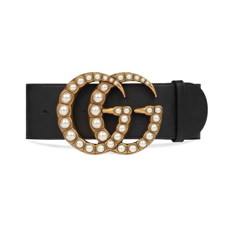 Wide leather belt with pearl Double G | Gucci (US)