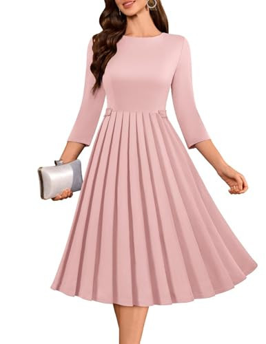 DRESSTELLS Cocktail Dress for Women, Formal Wedding Guest Church Bridesmaid Party Aline Modest Vintage Evening Prom Pleated Swing Midi Dresses Blush M | Amazon (US)