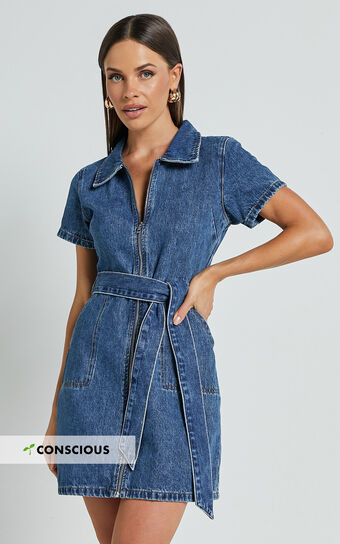 Nandini Mini Dress - Zip Through Denim Dress in Blue | Showpo (US, UK & Europe)