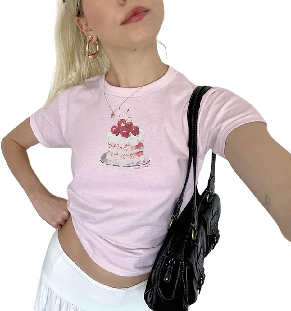 Women Y2k Baby Tee Short Sleeve Fruit Cherry Cake Print T-Shirt Crew Neck Summer Crop Tops Coquet... | Amazon (US)