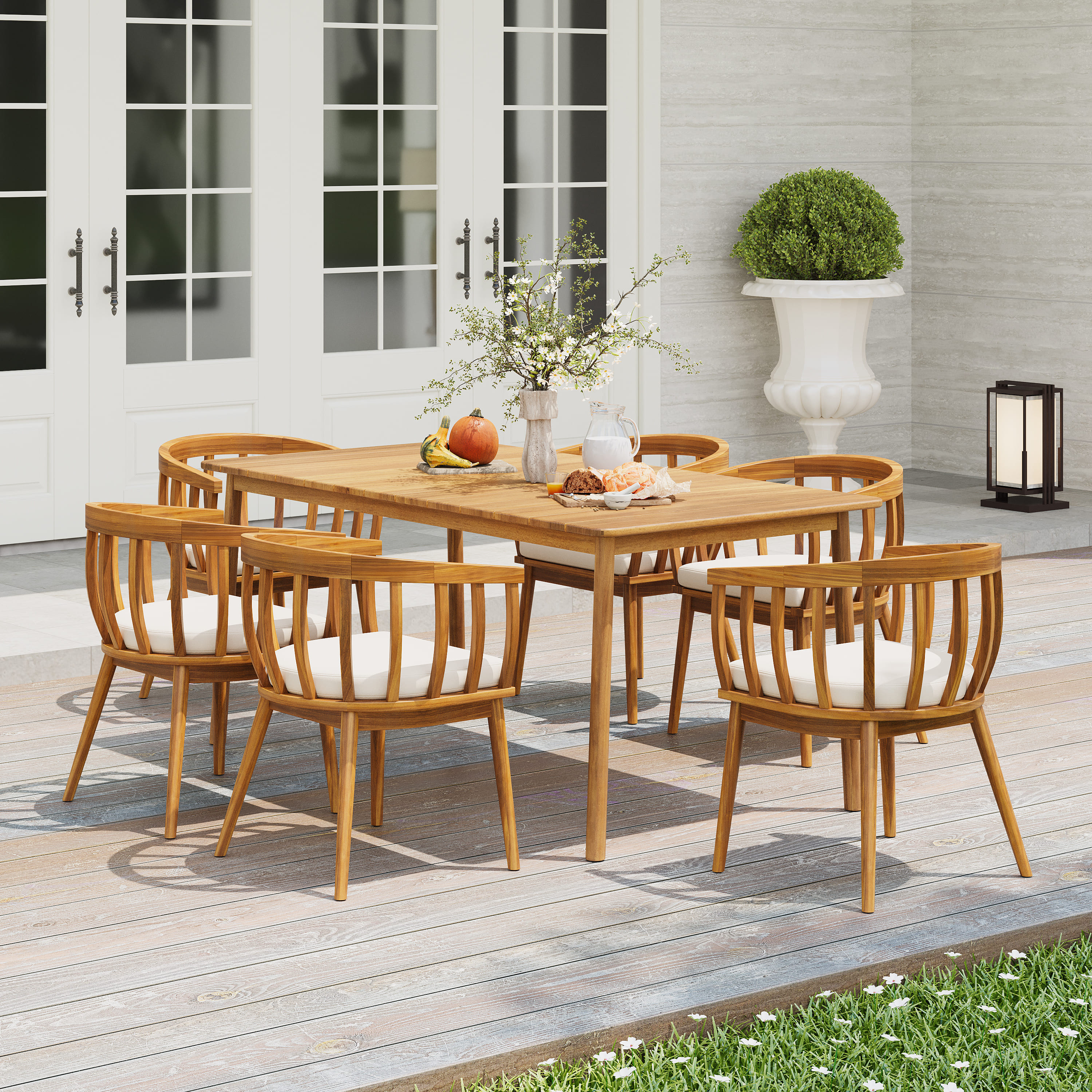 Christopher Knight Home Morden Outdoor 7 Piece Acacia Wood Dining Set with Cushioned Curved Backrest Dining Armchairs Beige and Teak one_size | 334337 | Lowe's