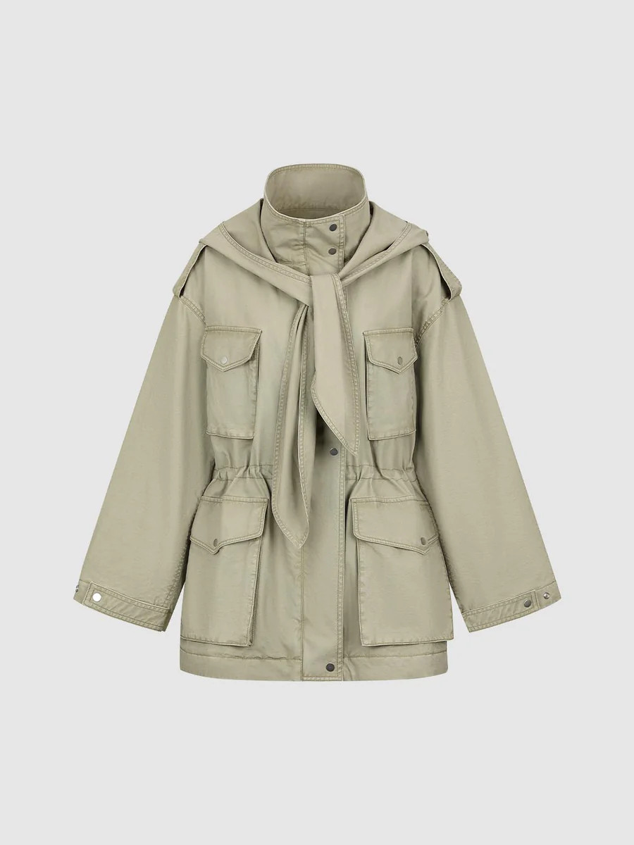 Mock Neck Hooded Scarf Detail Cargo Jackets | Urban Revivo