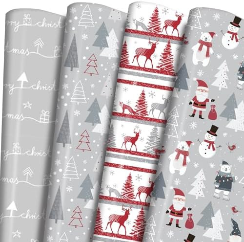 PlandRichW Winter Christmas Wrapping Paper - 6 Jumbo Xmas Sheets 28"x40" with Trees, Reindeer, Sa... | Amazon (US)