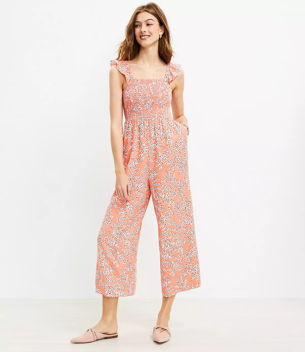 Leaf Dot Smocked Ruffle Strap Jumpsuit | LOFT | LOFT