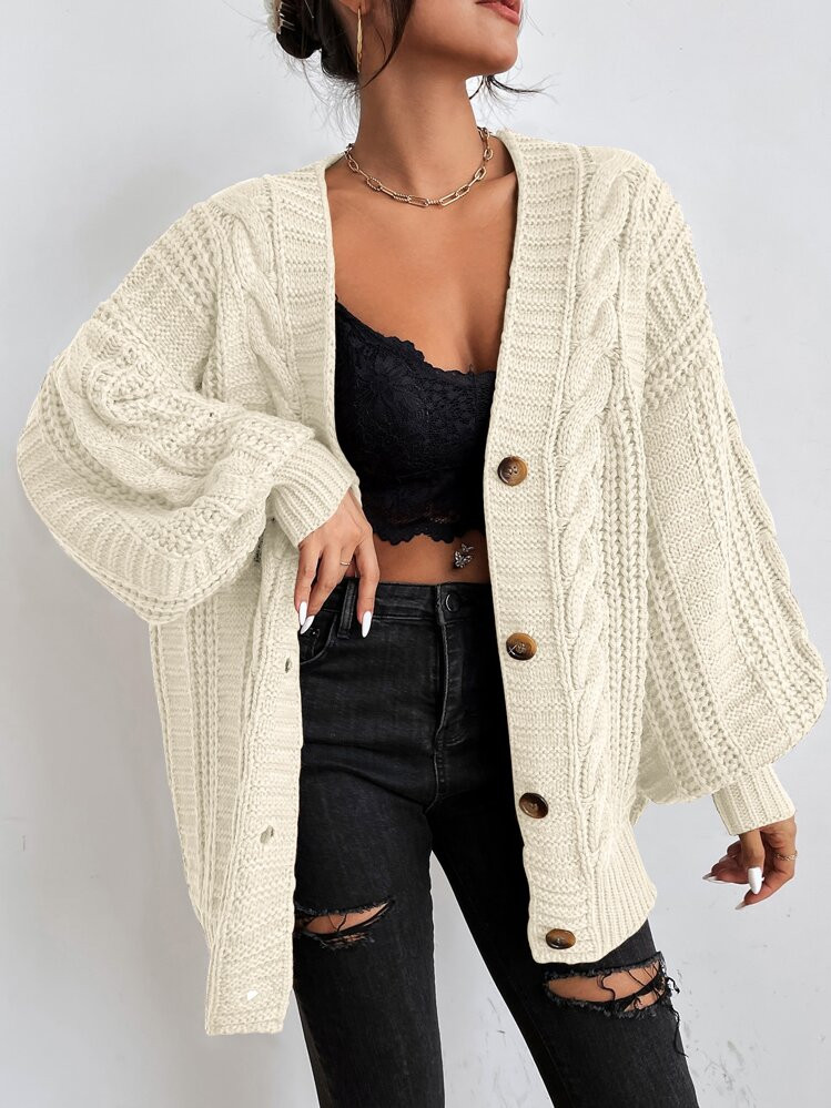 Calvaya Solid Button Front Cable Knit Cardigan,Ladies Late Fall Casual Button Bishop Sleeve V Neck Oversized Beige Plain Women Cardigans,Casual Daily Wear,Long Sleeve Tops | SHEIN